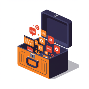 Una ilustración isométrica de una caja de herramientas digital abierta sobre un fondo blanoc. Iconos luminosos en tonos naranja flotan sobre la caja, representando características clave como "DESIGN", "RESPONSIVE", "SEO", "AI", "SPEED" y "SECURITY". La imagen evoca una solución digital integral.
