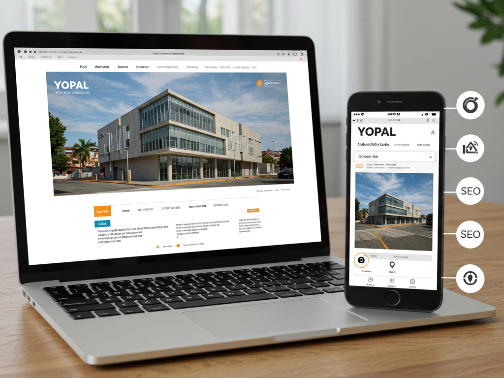 Sobre una mesa de madera clara, un portátil y un smartphone muestran la página web de "Yopal" en diferentes vistas, con cuatro iconos de servicios SEO flotando a la derecha del smartphone.