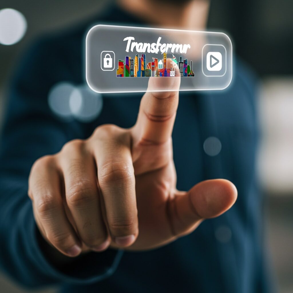 Un primer plano de una mano masculina presionando un botón digital transparente con la palabra "Transformr" escrita en una fuente estilizada. Debajo del texto, se muestra una colorida silueta de una ciudad moderna. A la izquierda del texto hay un icono de candado y a la derecha un icono de reproducción. El fondo está desenfocado, con luces bokeh que sugieren un entorno de alta tecnología o futurista. La escena implica transformación o progreso en un contexto urbano o digital.