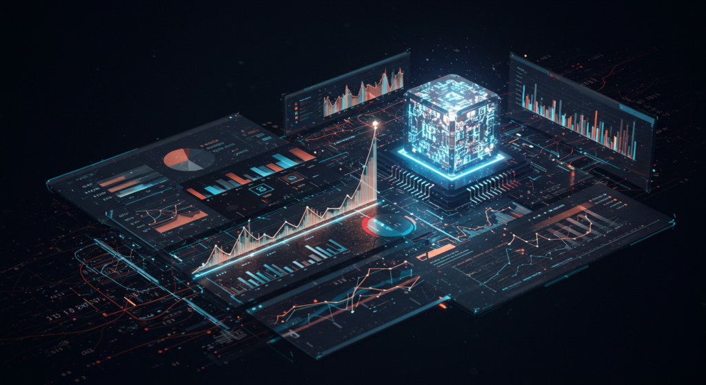 Representación conceptual de procesamiento de Big Data o inteligencia de negocios: un núcleo tecnológico central conectado a múltiples pantallas con visualizaciones de datos complejas.